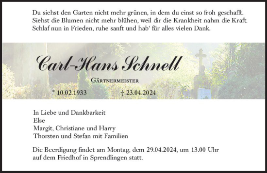 Traueranzeige von Carl-Hans Schnell von Allgemeine Zeitung Bingen/Ingelheim