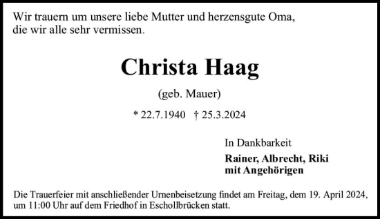 Traueranzeige von Christa Haag von Darmstädter Echo