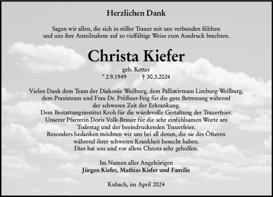Traueranzeige von Christa Kiefer von Weilburger Tageblatt