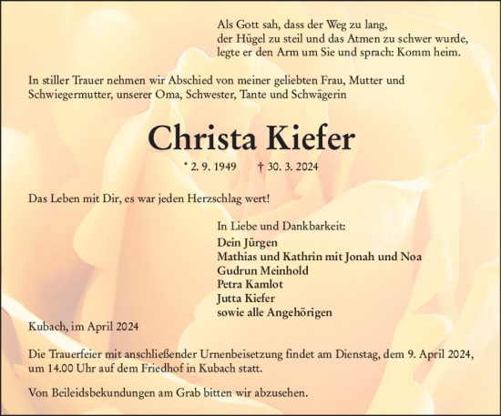 Traueranzeige von Christa Kiefer von Weilburger Tageblatt
