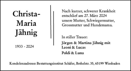 Traueranzeige von Christa-Maria Jähnig von Wiesbadener Kurier