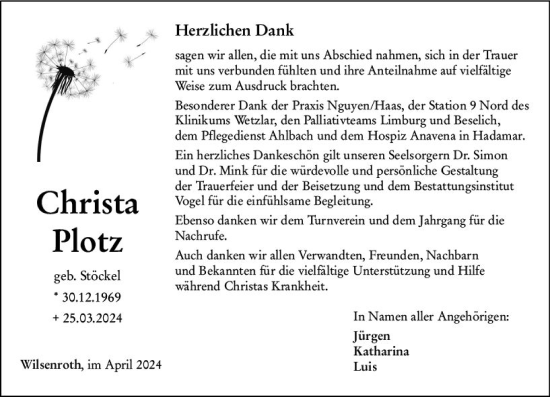 Traueranzeige von Christa Plotz von Nassauische Neue Presse
