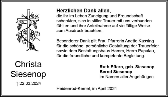 Traueranzeige von Christa Siesenop von Idsteiner Land/Untertaunus