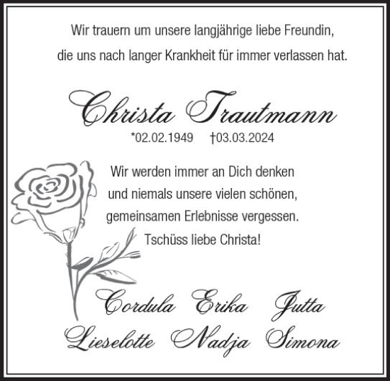 Traueranzeige von Christa Trautmann von Darmstädter Echo