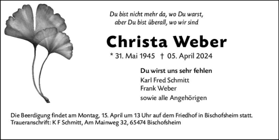 Traueranzeige von Christa Weber von Rüsselsheimer Echo