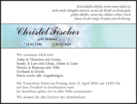 Traueranzeige von Christel Fischer von Wetzlarer Neue Zeitung