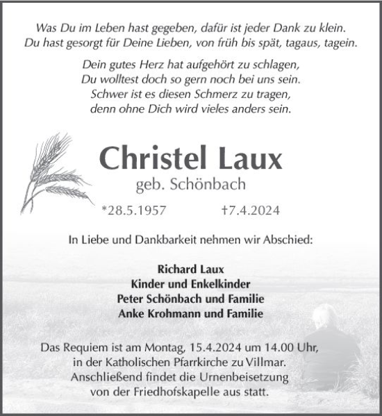 Traueranzeige von Christel Laux von Weilburger Tageblatt