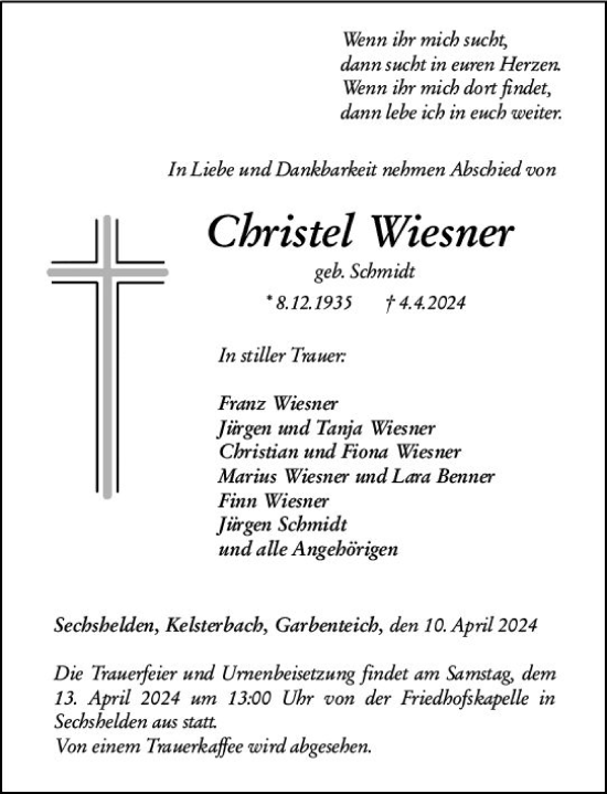 Traueranzeige von Christel Wiesner von Dill Block