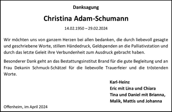 Traueranzeige von Christina Adam-Schumann von Allgemeine Zeitung Alzey