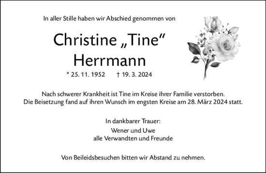 Traueranzeige von Christine Herrmann von Hinterländer Anzeiger