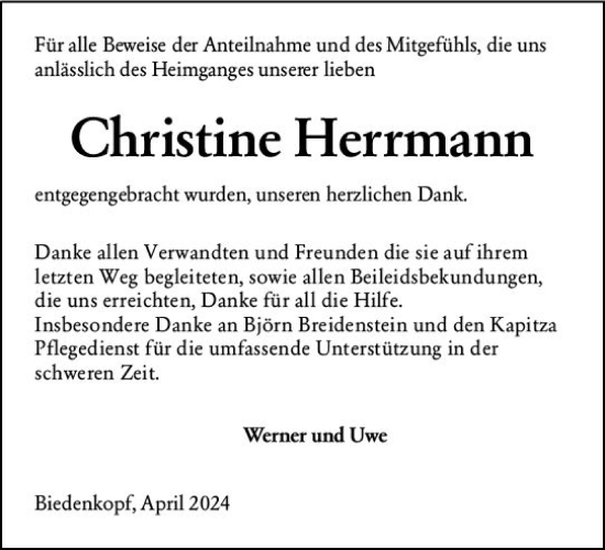 Traueranzeige von Christine Herrmann von Hinterländer Anzeiger