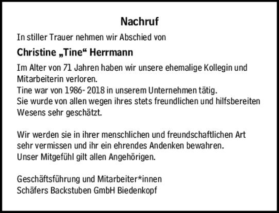 Traueranzeige von Christine Herrmann von Hinterländer Anzeiger