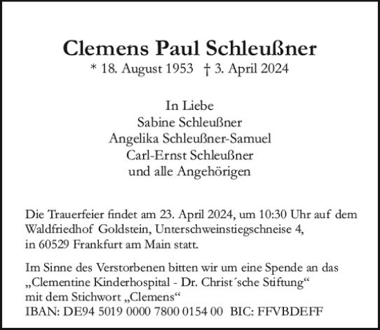 Traueranzeige von Clemens Paul Schleußner von Allgemeine Zeitung Mainz