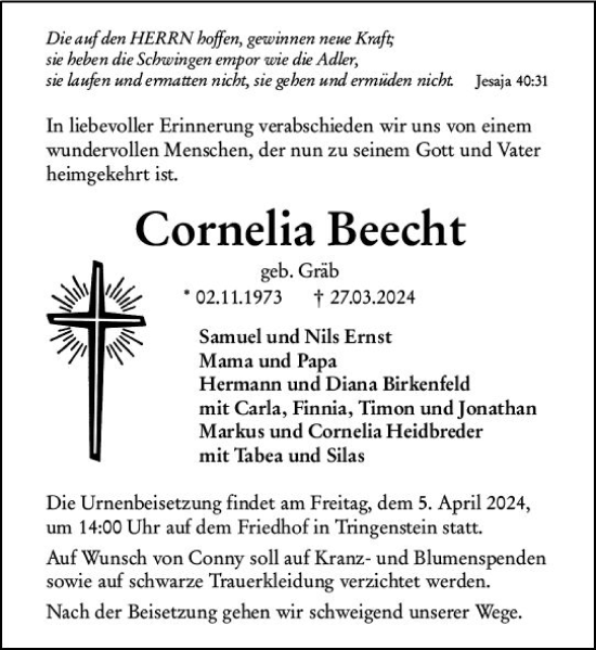 Traueranzeige von Cornelia Beecht von Dill Block