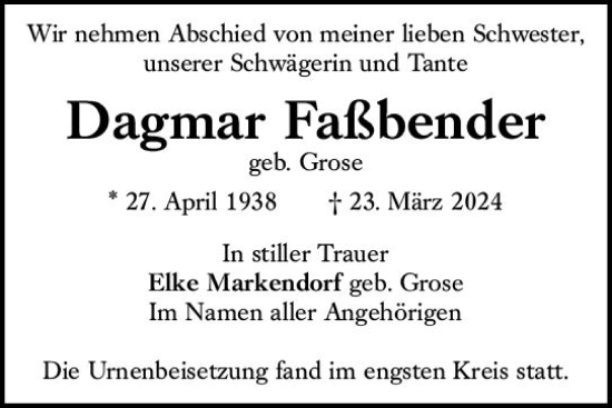 Traueranzeige von Dagmar Faßbender von Wiesbadener Kurier