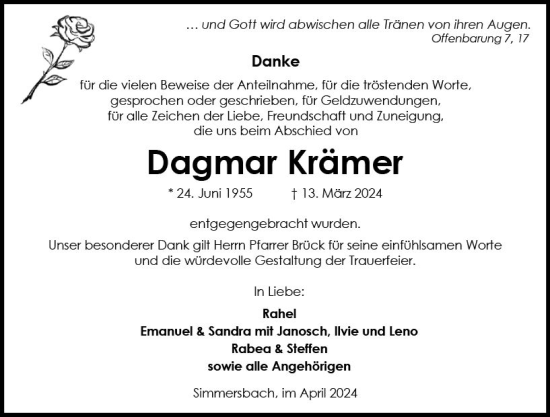 Traueranzeige von Dagmar Krämer von Dill Block