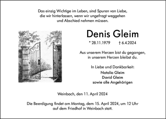 Traueranzeige von Denis Gleim von Weilburger Tageblatt