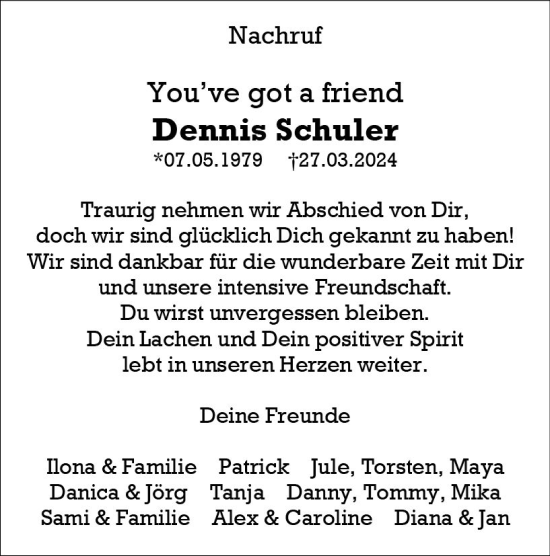 Traueranzeige von Dennis Schuler von Wiesbadener Kurier