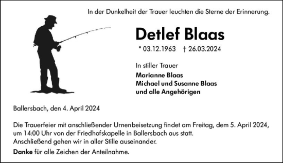 Traueranzeige von Detlef Blaas von Dill Block