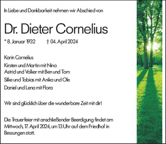 Traueranzeige von Dieter Cornelius von Darmstädter Echo