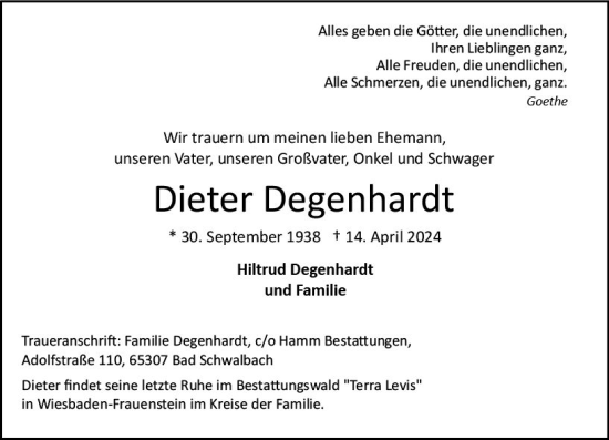 Traueranzeige von Dieter Degenhardt von Wiesbadener Kurier