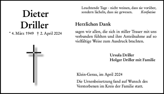 Traueranzeige von Dieter Driller von Groß-Gerauer Echo
