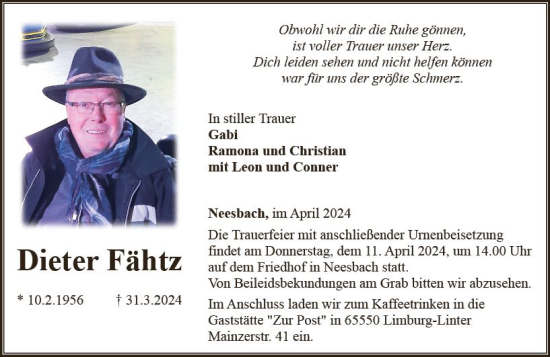 Traueranzeige von Dieter Fähtz von Nassauische Neue Presse