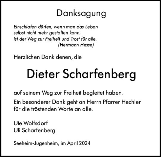 Traueranzeige von Dieter Scharfenberg von Darmstädter Echo