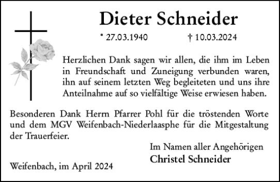 Traueranzeige von Dieter Schneider von Hinterländer Anzeiger