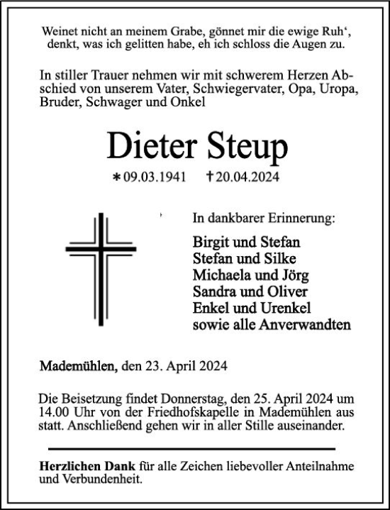 Traueranzeige von Dieter Steup von Dill Block