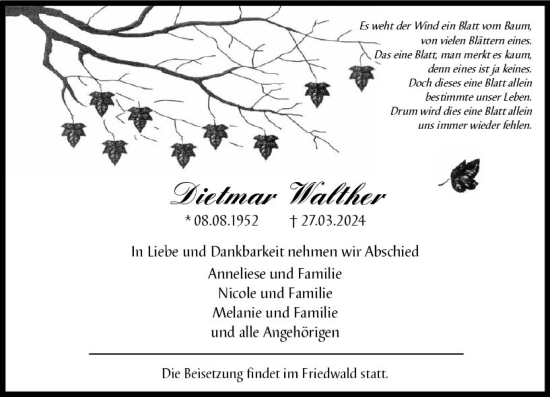 Traueranzeige von Dietmar Walther von Odenwälder Echo