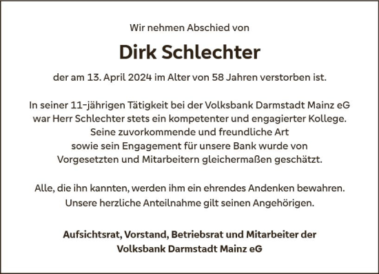 Traueranzeige von Dirk Schlechter von Groß-Gerauer Echo