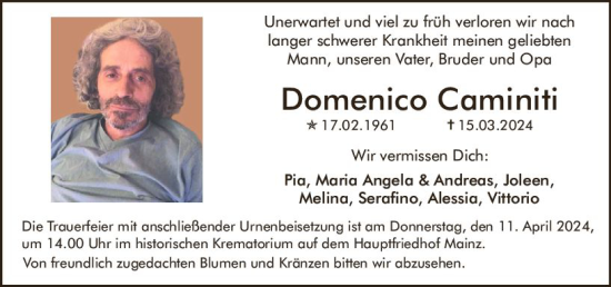 Traueranzeige von Domenico Caminiti von Allgemeine Zeitung Mainz