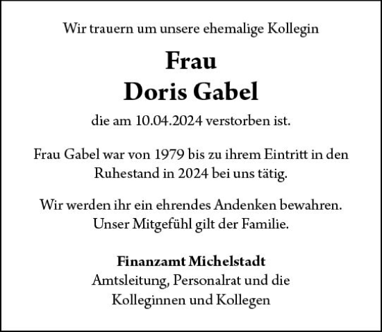 Traueranzeige von Doris Gabel von Odenwälder Echo