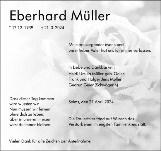 Traueranzeige von Eberhard Müller von Wetzlarer Neue Zeitung