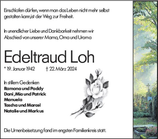 Traueranzeige von Edeltraud Loh von Wetzlarer Neue Zeitung