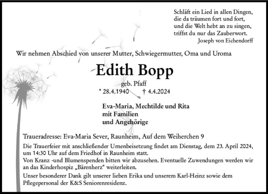 Traueranzeige von Edith Bopp von Rüsselsheimer Echo