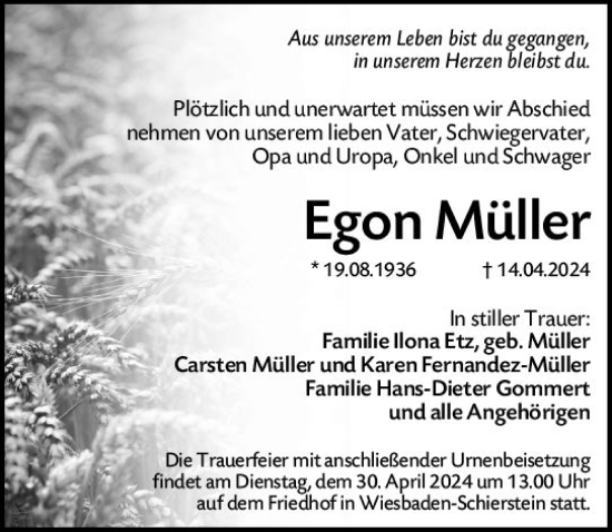 Traueranzeige von Egon Müller von Wiesbadener Kurier