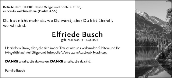 Traueranzeige von Elfriede Busch von Hinterländer Anzeiger