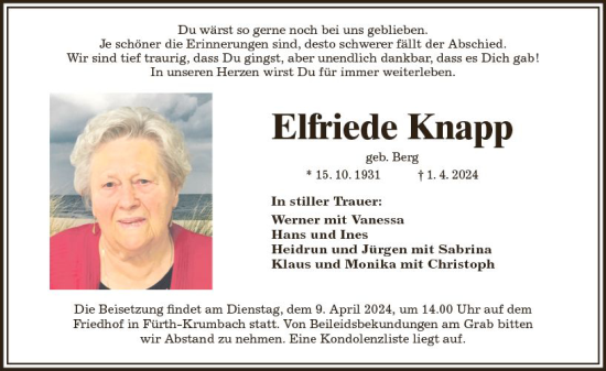 Traueranzeige von Elfriede Knapp von Starkenburger Echo