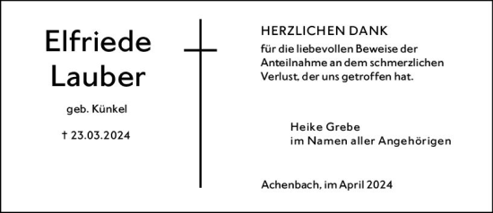 Traueranzeige von Elfriede Lauber von Hinterländer Anzeiger