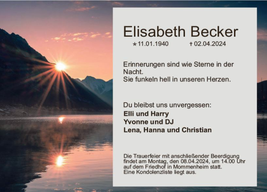 Traueranzeige von Elisabeth Becker von Allgemeine Zeitung Mainz