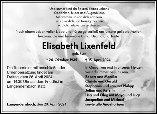 Traueranzeige von Elisabeth Lixenfeld von Nassauische Neue Presse