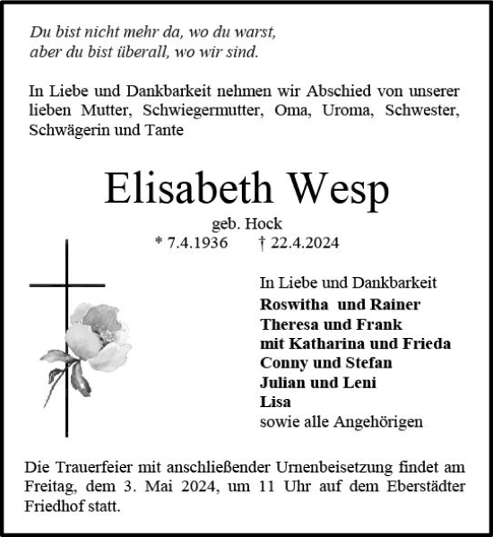 Traueranzeige von Elisabeth Wesp von Darmstädter Echo