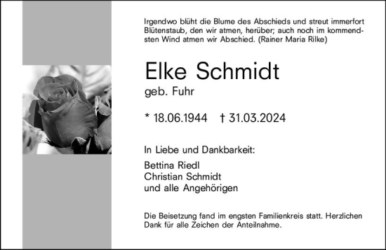Traueranzeige von Elke Schmidt von Weilburger Tageblatt