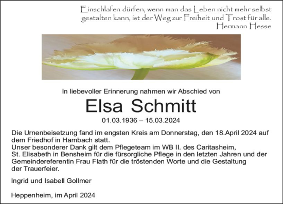 Traueranzeige von Elsa Schmitt von Starkenburger Echo