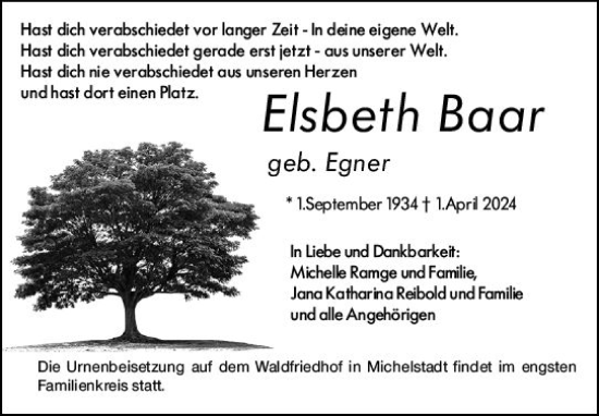 Traueranzeige von Elsbeth Baar von Groß-Gerauer Echo