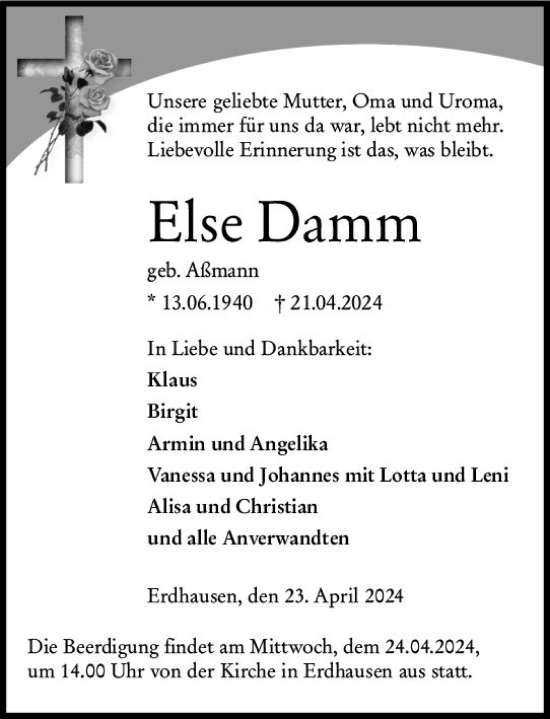 Traueranzeige von Else Damm von Hinterländer Anzeiger