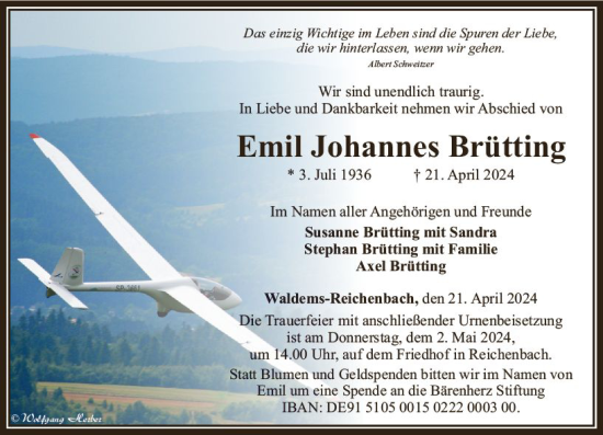 Traueranzeige von Emil Johannes Brütting von Camberger Anzeiger