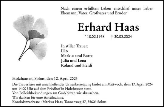 Traueranzeige von Erhard Haas von Wetzlarer Neue Zeitung